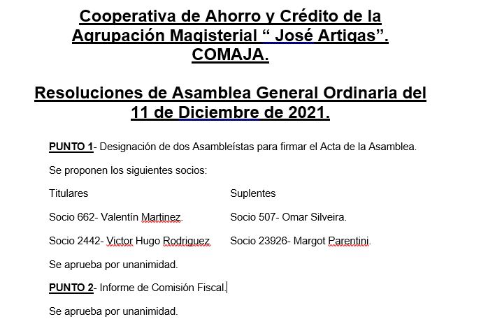 Resoluciones de Asamblea General Ordinaria del 11 de Diciembre de 2021.